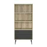 ZUN 3-shelf Engineered Wood Bookcase with 2 Drawers in Antique Pine and Grey B016P164664