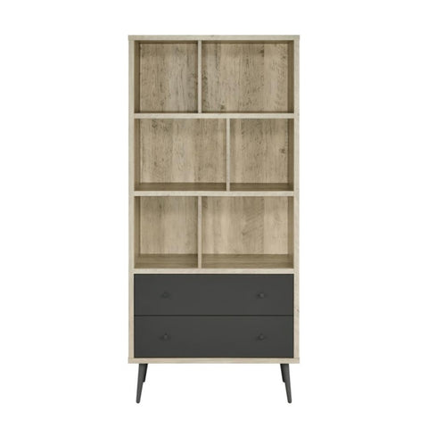 ZUN 3-shelf Engineered Wood Bookcase with 2 Drawers in Antique Pine and Grey B016P164664