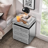 Mirrored Nightstand with 3 Drawers, Silver Nightstand with Crystal Inlay, Mirror End Table, Modern W1005P248529