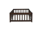 Twin Size Floor Bed with Fence and Door,Rubber Wood Floor Bed with Safety Guardrails,Espresso W504P429279