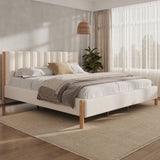 King Size Bed Frame with Boucle Upholstered Thick Headboard, Solid Wooden Legs, White N757P256984K