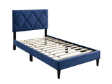 Twin Size Bed w Adjustable Headboard 1pc Bedframe, Navy Blue Velvet Upholstered Youth Bedroom B011P190164
