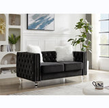 Black, Two-seater Sofa, Velvet Crystal Buckle Upholstery Sofa, Crystal Feet, Removable Cushion, Two 74092413