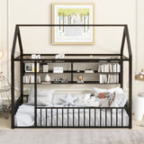 Twin Size Metal Bed House Bed Frame with Fence and Shelves, Black N737P175360B