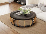 35.43"Vintage Rattan Solid Wood Round Coffee Table, Curved Legs Boho Accent Table for Dining Room, W757P445115