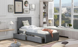 ZUN Linen Upholstered Platform Bed With Headboard and Two Drawers, Twin 44058870