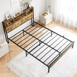 Queen Bed Frame with Storage Headboard, Metal Platform Bed with Charging Station, Bookcase Storage, W840127764