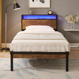 Twin Size Metal Platform Bed Frame with Wooden Headboard and Footboard with USB LINER, LED Lights 30470220