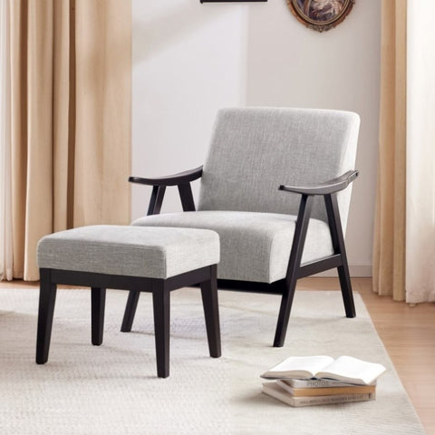 ZUN Accent Chair with Ottoman, Upholstered Mid Century Chair and Footrest, Solid Wood Arm Chair, Living W2975P223179