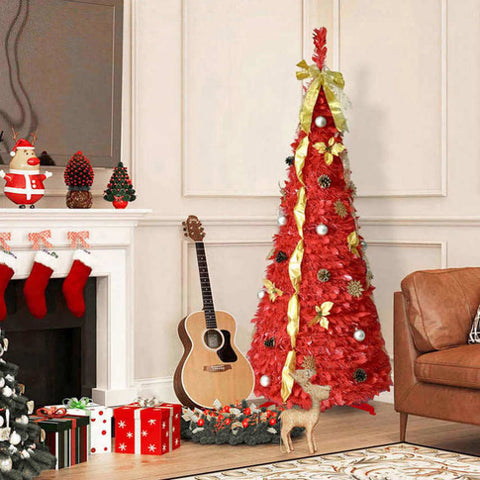 6FT Red Pop-Up Christmas Tree with 150 Warm White LED Lights, Ornaments Included 4 Ribbons, Bow, 47979729