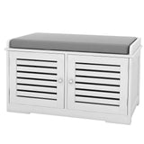 ZUN Shoe Storage Bench with Padded Seat Cushion, Entryway Bench with 2 Barn Doors-White 45621549