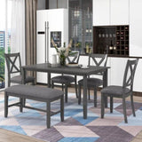 ZUN 6-Piece Kitchen Dining Table Set Wooden Rectangular Dining Table, 4 Fabric Chairs and Bench Family 35334978