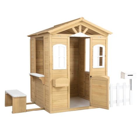 ZUN Wooden Playhouse for Kids Outdoor with Working Door, Windows, Mailbox, Bench, Flowers Pot Holder, W1422P156349