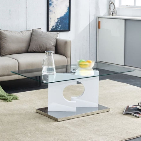 ZUN A rectangular modern and fashionable coffee table with tempered glass tabletop and white MDF legs. W1512P245588