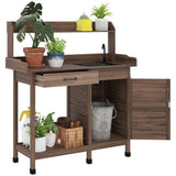 Dark Brown Outdoor Potting Bench with Storage Cabinet,Sink and Faucet ,Hooks 94600135