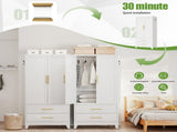 White Metal Wardrobe Closet with 2 Doors and Drawers, 71 Tall Storage Cabinet for Bedroom, T2398P480393