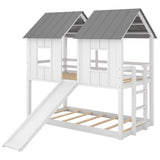 Twin over Twin House Bunk Bed with Slide and Windows,White 56897346