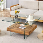 ZUN 31.4 Inch Modern Two-Tier Square Coffee Table -An Elegant Combination of Clear Glass and Light Wood W1151P232654