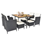 ZUN 9 Piece Acacia Wood Patio Dining Set, Space Saving Wicker Chairs with Soft Cushions and Wood Table, 31593959