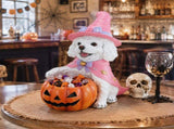 Halloween White Teddy Puppy Figurine, Witch Dog Holding Pumpkin Candy Bowl Decoration 01838696