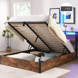 Lift-up Storage Bed Frame, Queen Size Bed Frame with Bookcase Headboard & LED Lights, Wooden W1916P184705