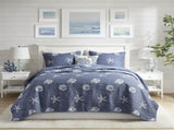 4 Piece Cotton Reversible Embroidered Quilt Set with Throw Pillow Navy Full/Queen B03595792