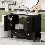 36" Black Bathroom Vanity with Ceramic Sink, Soft-Close Doors, Double Storage Shelves & Divided N729P276609B