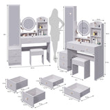 ZUN Full Body Mirror Cabinet + Round Mirror LED Vanity Table + Cushioned Stool, With 2 AC + 2 USB Power 39436395