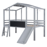 ZUN Twin Size Loft Bed with Ladder and Slide, House Bed with Blackboard and Light Strip on the Roof, WF324323AAE