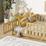 Full Size Floor Bed with Fence and Door,Rubber Wood Floor Bed with Safety Guardrails,Natural W504P296787