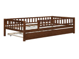 Twin Size Wood Daybed with Trundle and Fence Guardrails, Walnut WF301862AAL