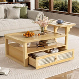 U-Can Modern Coffee Table, Coffee Table with 1 Storage Shelf, 2 Tabletops and 1 Rattan Drawer For N724P232190N