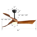 52 Inch Ceiling Fan With Dimmable 3 Color Led Light 3 Solid Wood Blades Remote Control Reversible DC W882P254266