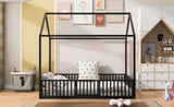 Full Size Metal House Bed with Fence and Door, Black MF315933AAB