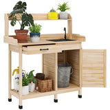 Natural Wood Outdoor Potting Bench with Storage Cabinet,Sink and Faucet ,Hooks 83627467