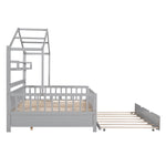 ZUN Wooden Full Size House Bed with Twin Size Trundle,Kids Bed with Shelf, Gray 12696827