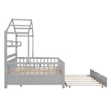 ZUN Wooden Full Size House Bed with Twin Size Trundle,Kids Bed with Shelf, Gray 12696827