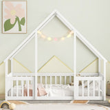 Twin Wood House-Shaped Floor Bed with Fence, Guardrails ,White W504P143290