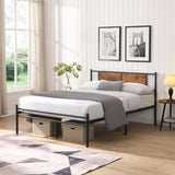 Queen Size metal bedframe,Headboard with wood panel decoration,black 67358352