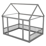Full Size Floor Wooden Bed with House Roof Frame and Safety Guardrails ,Gray W1580P172925