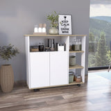 ZUN Paprika Kitchen Cart, Four Casters , Four Open Shelves, Double Door Cabinet -Light Oak / White B20092047