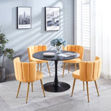 Modern YELLOW dining chair with iron tube wood color legs, shorthair cushions and W23461123