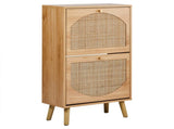 Two-Tier Shoe Cabinet with Tilt-Out Compartments and Arched Rattan-Front Doors on High Legs 37169134