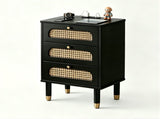 3-Drawer Nightstand with Woven Rattan Fronts and Built-in Power Outlet 15.75"*13.78"*23.82" Black 43527562