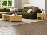 Round Fluted Side Table with Storage for Living Room, Rubber Solid Wood, Soft-close Door, Natural, N735P369881N