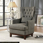 ZUN Button Tufted Wing-Back Accent Chair 1pc Gray Fabric Upholstered Pillow Solid Wood Traditional B011P182648