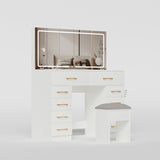 46"Glass Top Vanity Desk with 10 Drawers Makeup Vanity with Mirror and Stool,3 Lighting Modes 50282306