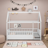 Twin Size Floor Wooden Bed with House Roof Frame, Fence Guardrails,White W1858123984