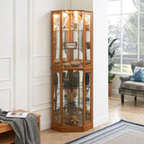 ZUN 6 Shelf Corner Curio Display Cabinet with Lights, Mirrors and Adjustable Shelves, Oak W1693P165029