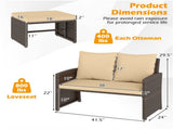 Outdoor Patio Furniture Set, PE Rattan Loveseat 2 Ottomans Removable Cushions Metal Frame 72012143